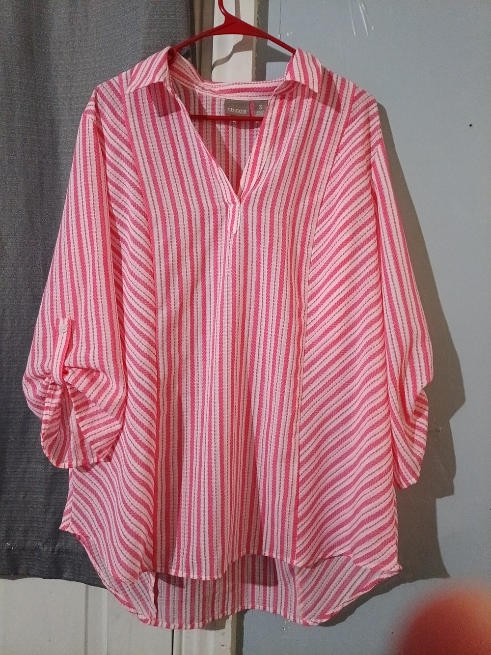 Chico's Pink Striped V-Neck Tunic Top